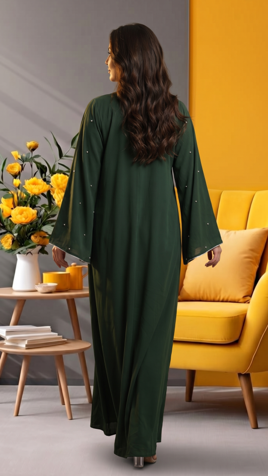 Bulk Olive Zoom Simple Abaya With White Pearl Work And Piping 