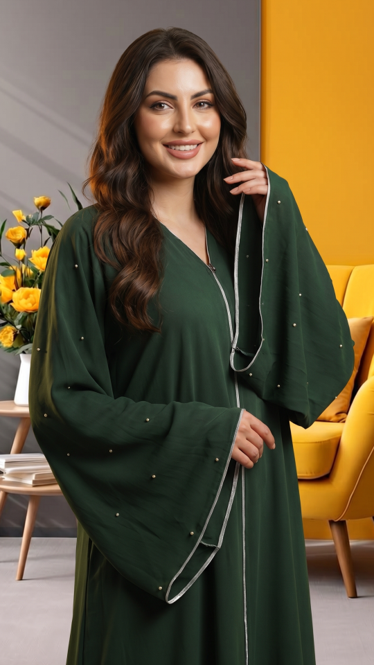 Bulk Olive Zoom Simple Abaya With White Pearl Work And Piping 