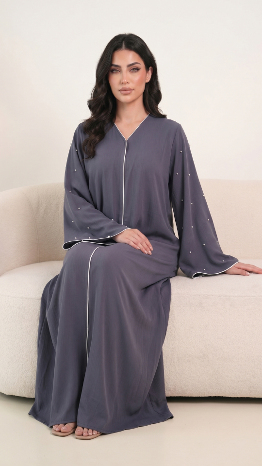 Bulk Grey Zoom Simple Abaya With White Pearl Work And Piping 