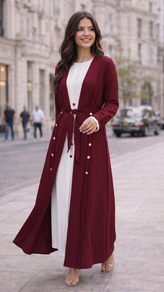 Modest Dress with a Shrug and Belt in Maroon and OffWhite