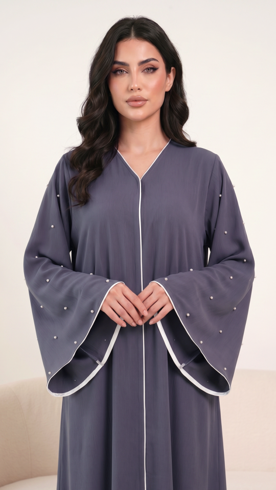Bulk Grey Zoom Simple Abaya With White Pearl Work And Piping 