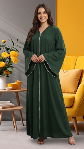 Black Zoom Simple Abaya With White Pearl Work And Piping 