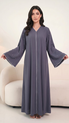 Black Zoom Simple Abaya With White Pearl Work And Piping 