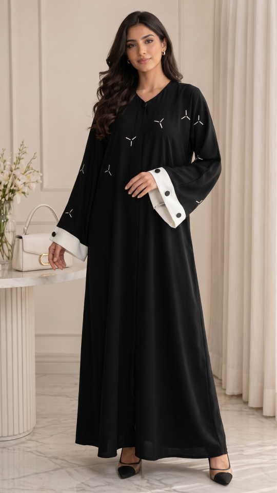 Wholesale Black and White Zoom Simple Abaya with Crystal Handwork on the Front and Sleeves