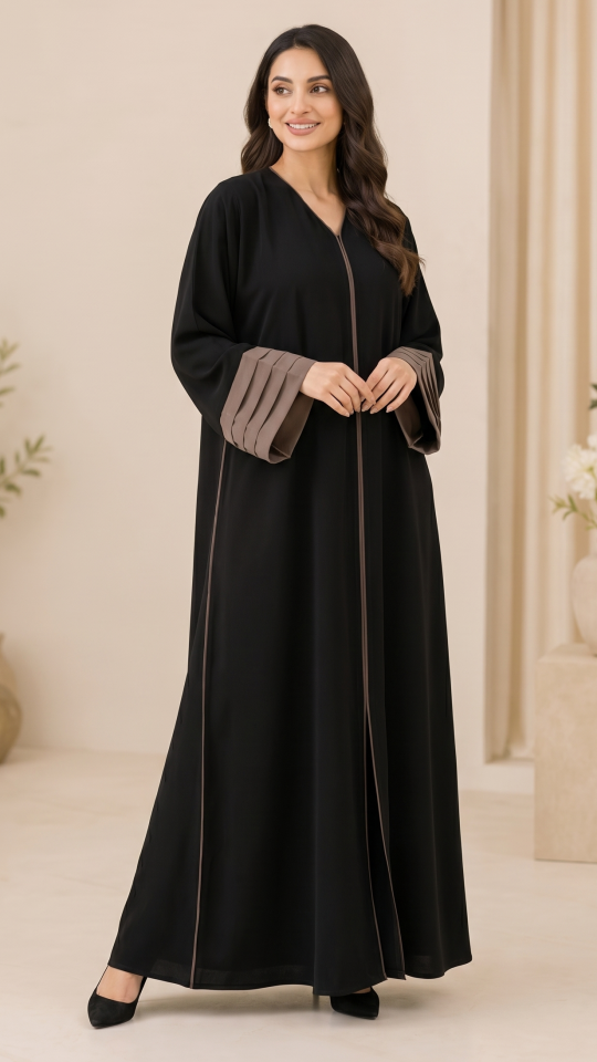 Black Abaya with Brown Piping Work