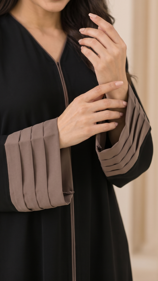 Black Abaya with Brown Piping Work