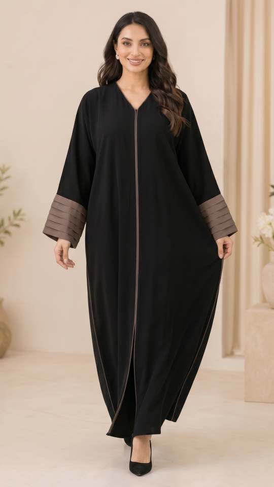 Black Abaya with Brown Piping Work
