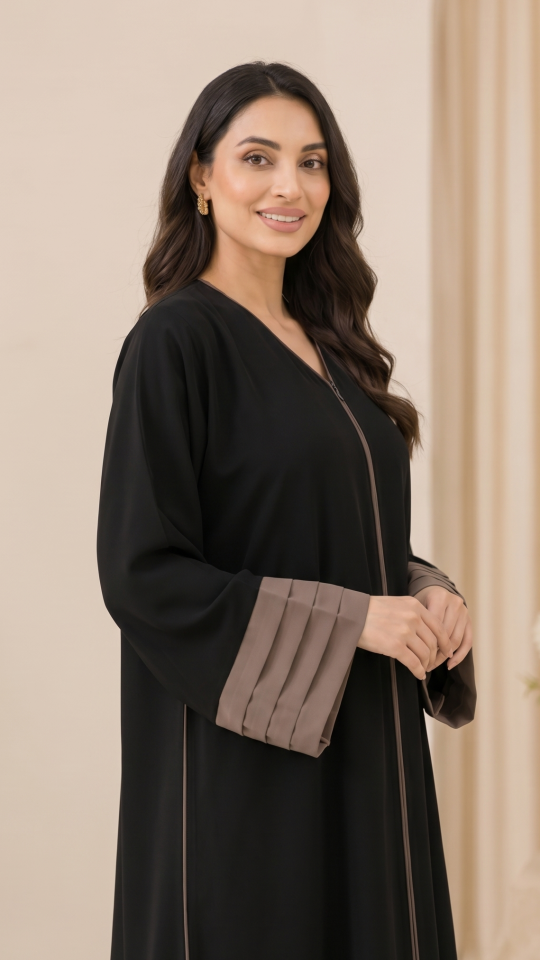 Black Abaya with Brown Piping Work