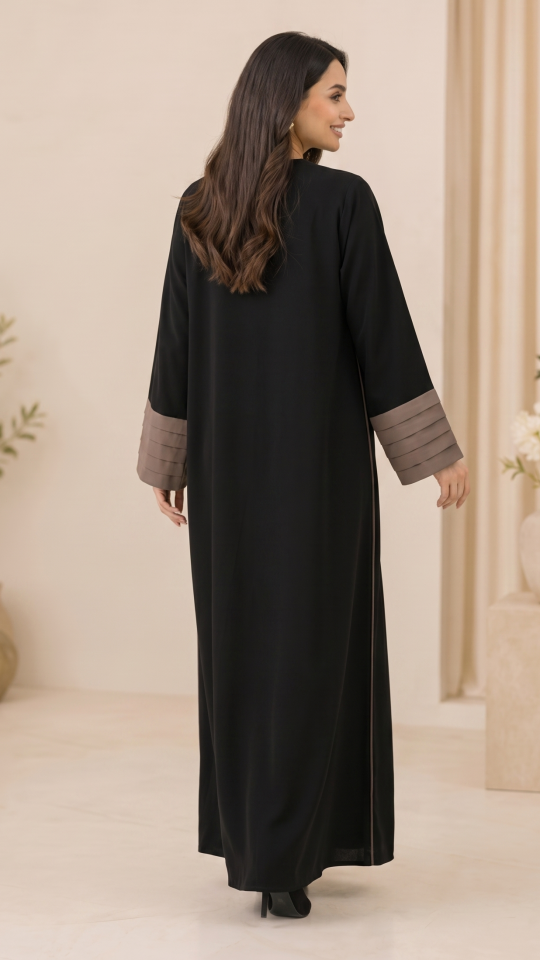 Black Abaya with Brown Piping Work