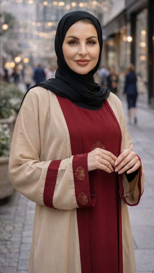 Nida Matte Maroon Abaya With an Attached Cream Shrug In CEY