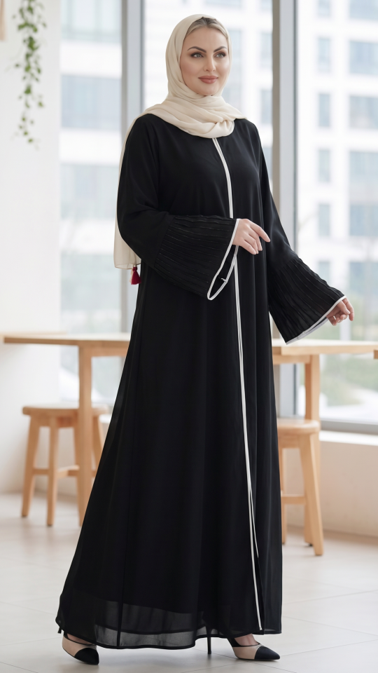 Masha Crepe Abaya with Crystal Work and White Piping on the Sleeves