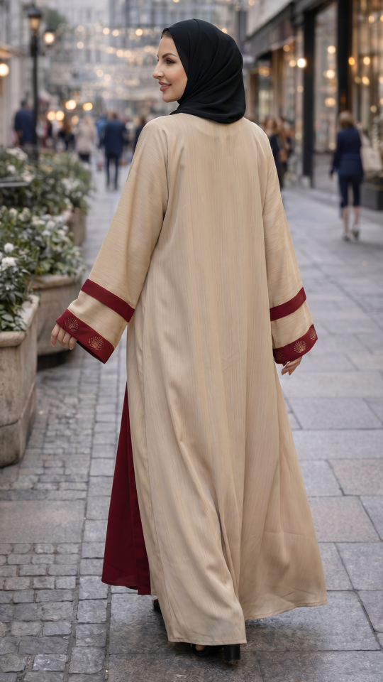 Nida Matte Maroon Abaya With an Attached Cream Shrug In CEY