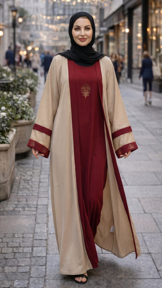 Nida Matte Maroon Abaya With an Attached Cream Shrug In CEY