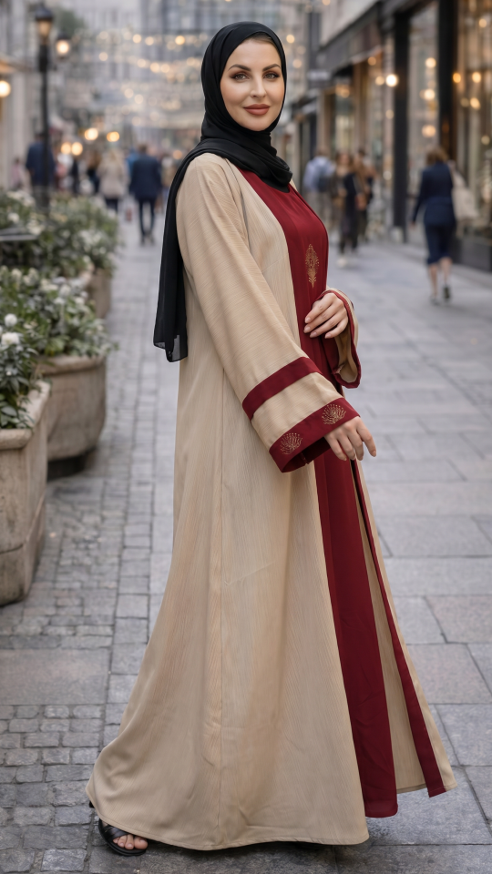 Nida Matte Maroon Abaya With an Attached Cream Shrug In CEY