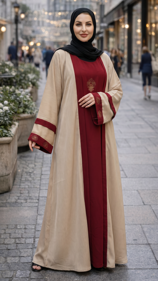Nida Matte Maroon Abaya With an Attached Cream Shrug In CEY