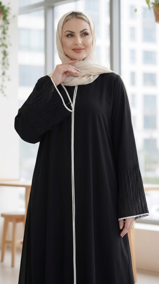 Masha Crepe Abaya with Crystal Work and White Piping on the Sleeves