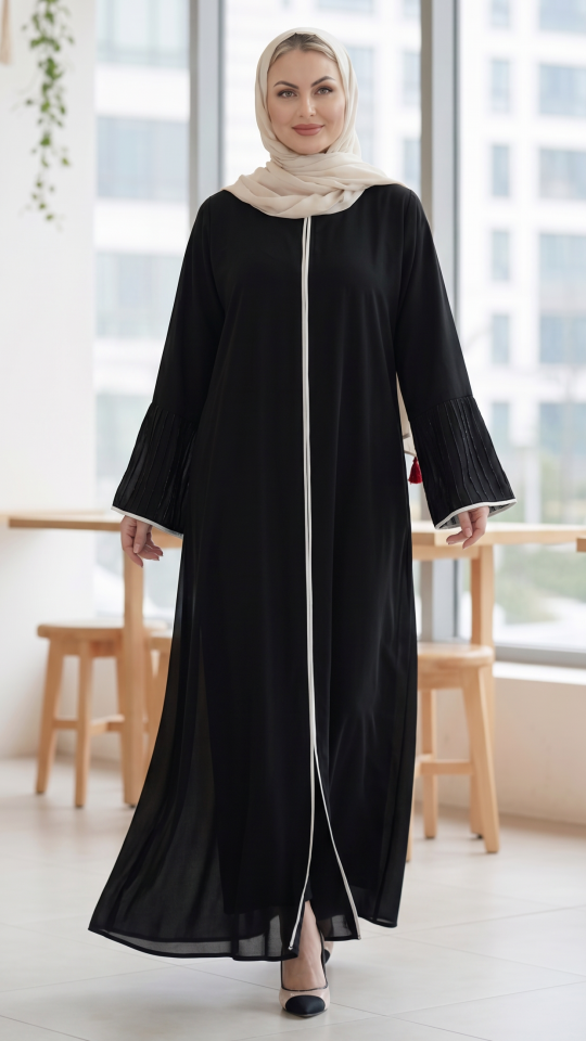 Masha Crepe Abaya with Crystal Work and White Piping on the Sleeves