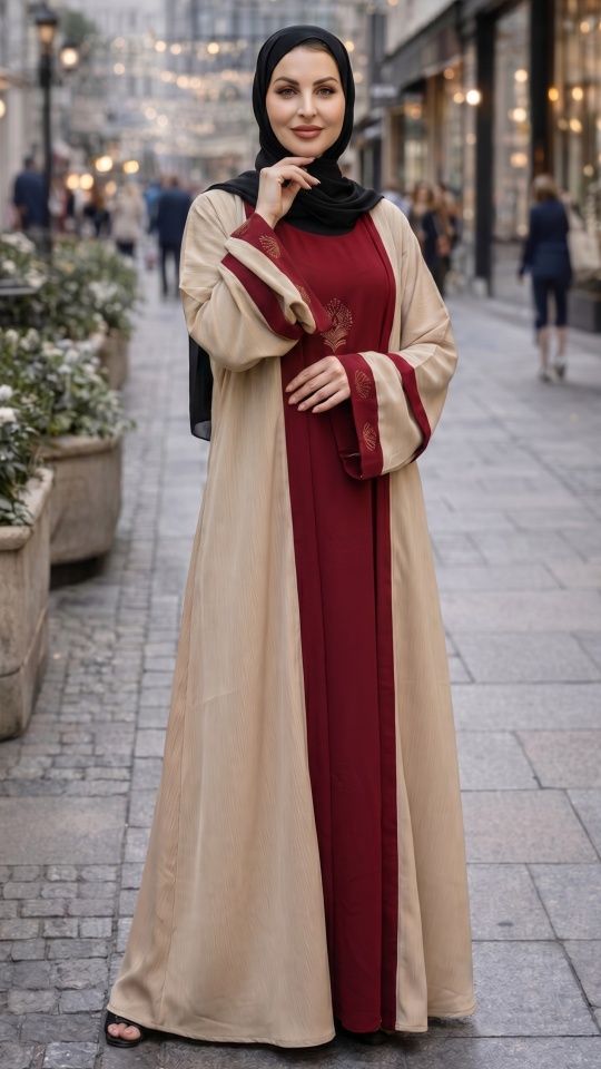 Nida Matte Maroon Abaya With an Attached Cream Shrug In CEY