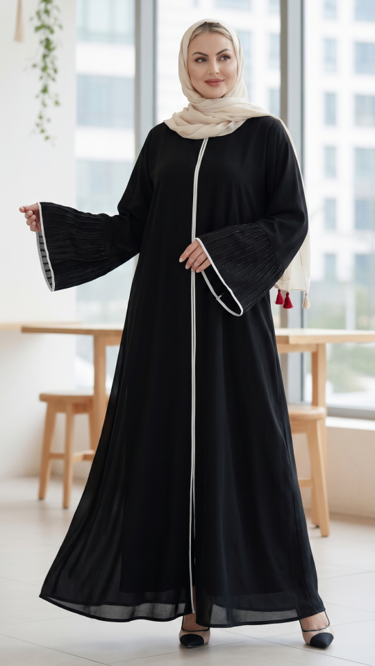 Masha Crepe Abaya with Crystal Work and White Piping on the Sleeves