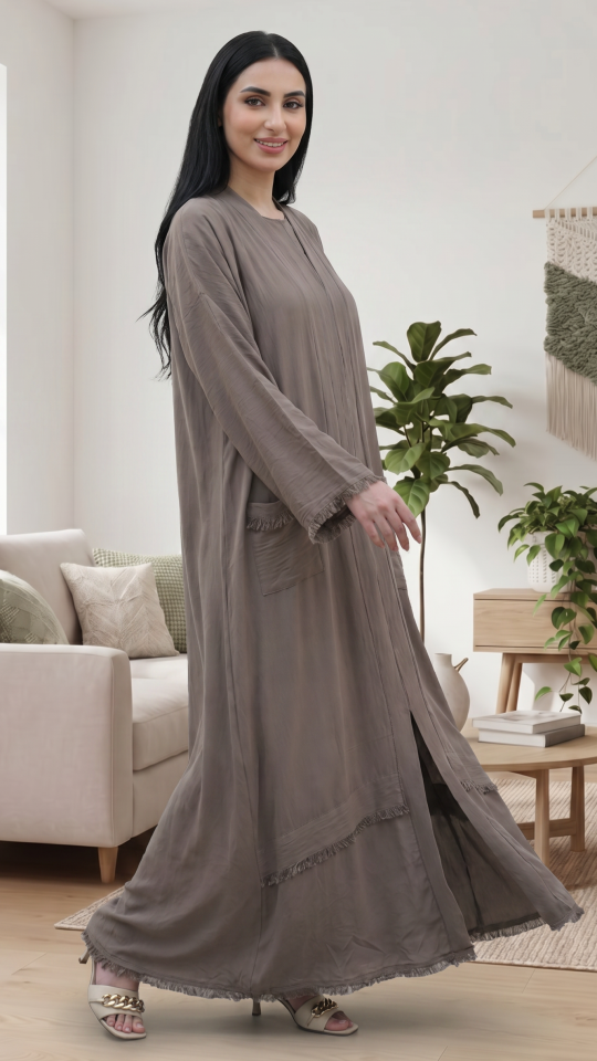Modest Dress with Weaving Yarn Work on the Front and Pocket in Brown