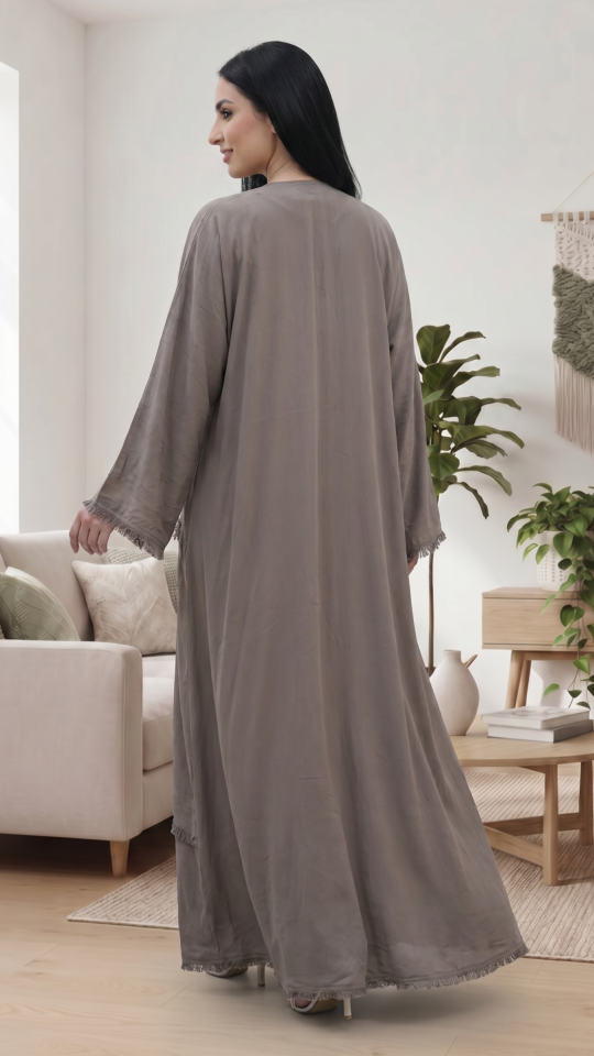 Modest Dress with Weaving Yarn Work on the Front and Pocket in Brown