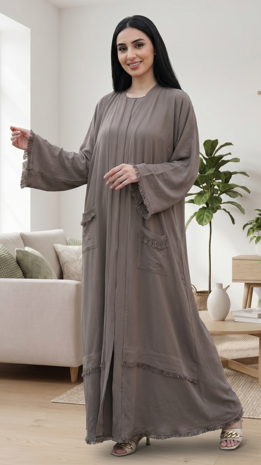 Modest Dress with Weaving Yarn Work on the Front and Pocket in Brown