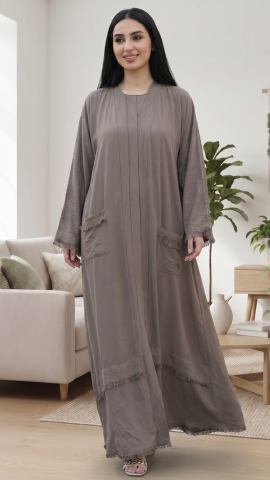 Modest Dress with Weaving Yarn Work on the Front and Pocket in Dark Grey