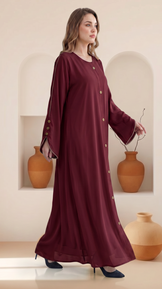 Wholesale Maroon CEY Abaya With Beige Piping And Show Buttons on the Front And Sleeves 