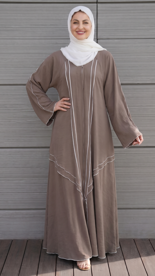 Bulk Modest Abaya with White Overlock Design on the Front and Sleeves in Brown