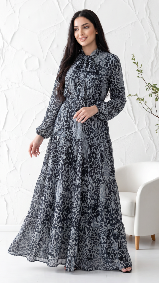 Wholesale Tiger Printed Modest Dress In Ash