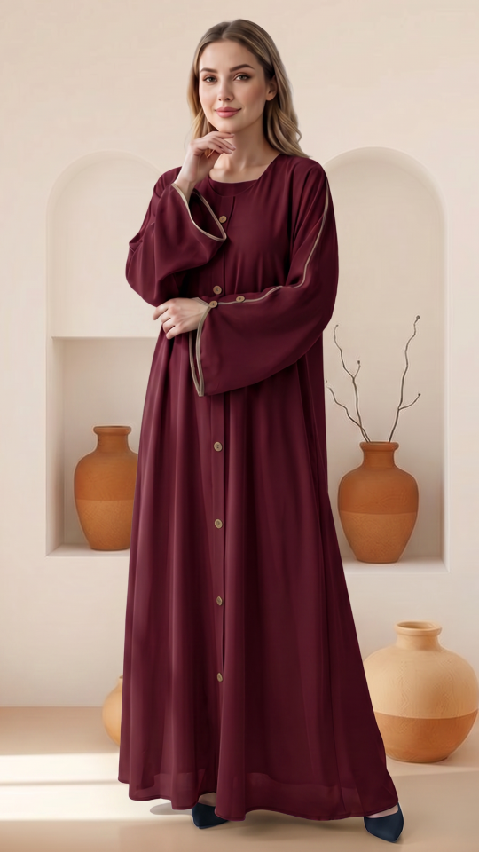 Wholesale Maroon CEY Abaya With Beige Piping And Show Buttons on the Front And Sleeves 