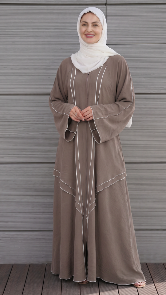 Bulk Modest Abaya with White Overlock Design on the Front and Sleeves in Brown