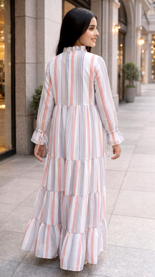 Kids Modest Dress with Stripes Print