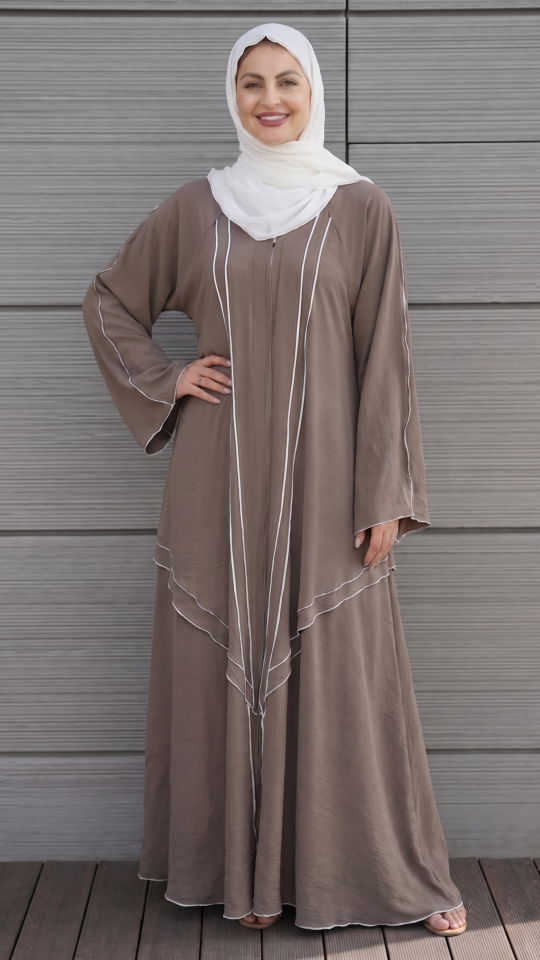 Bulk Modest Abaya with White Overlock Design on the Front and Sleeves in Brown