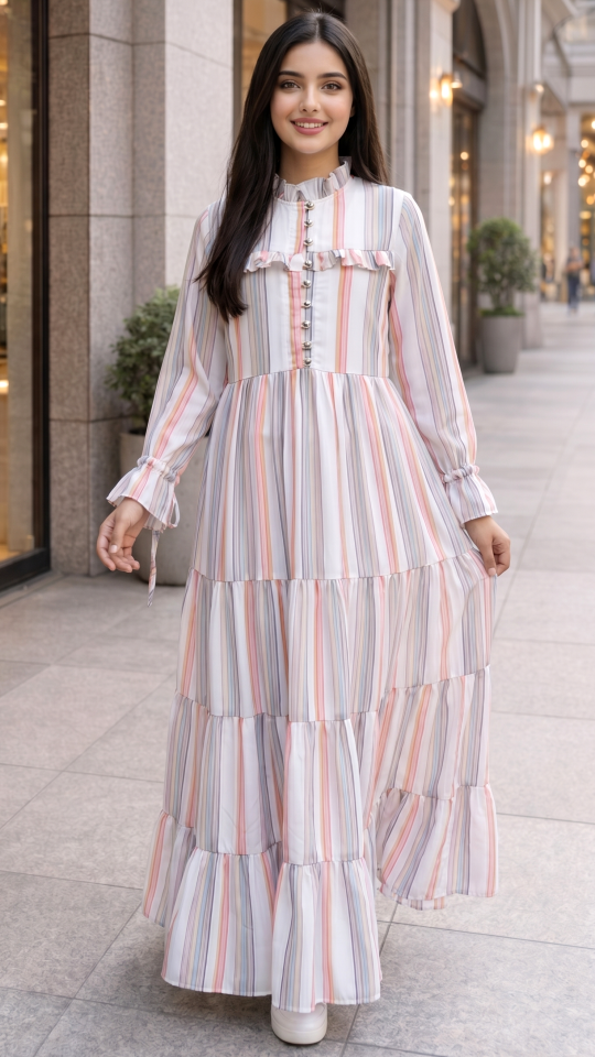 Kids Modest Dress with Stripes Print