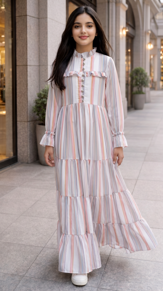 Kids Modest Dress with Stripes Print