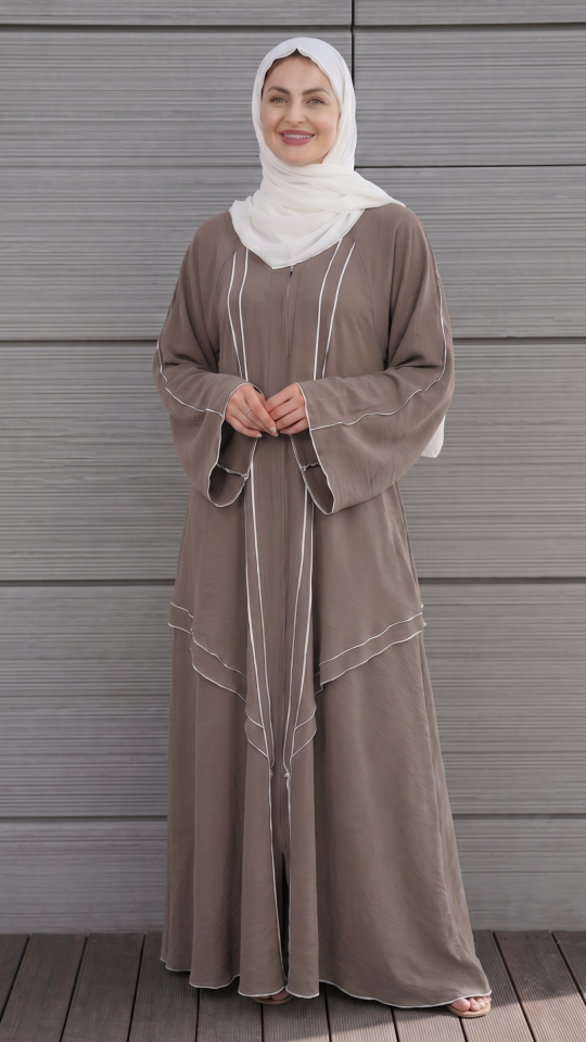 Bulk Modest Abaya with White Overlock Design on the Front and Sleeves in Brown