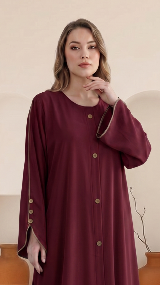 Wholesale Maroon CEY Abaya With Beige Piping And Show Buttons on the Front And Sleeves 