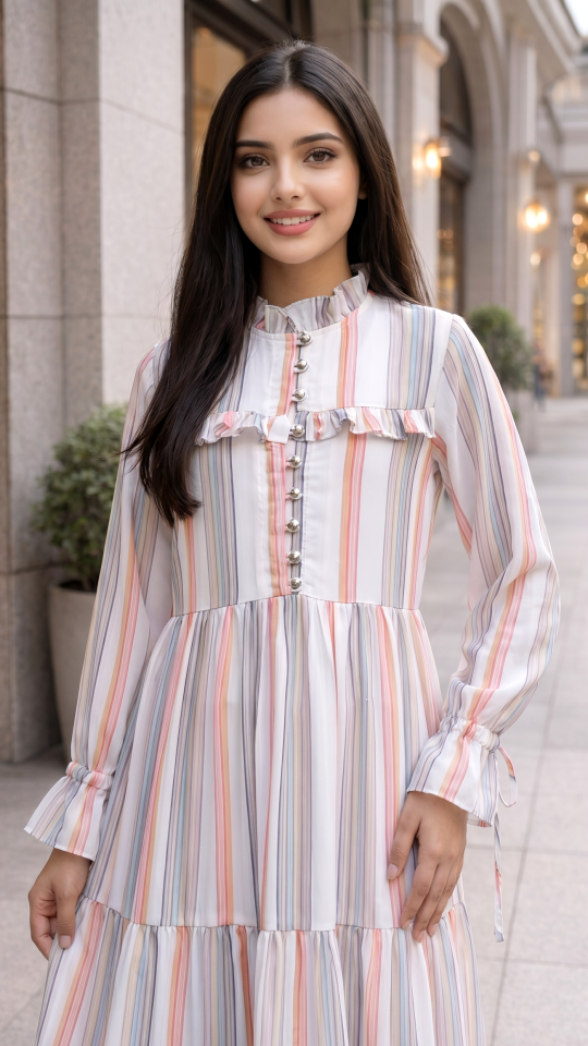 Kids Modest Dress with Stripes Print