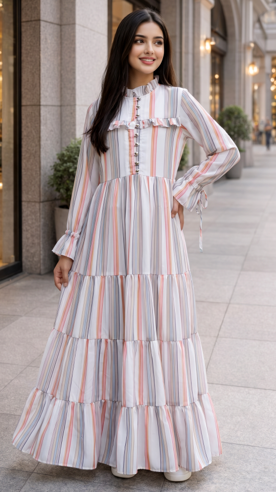 Kids Modest Dress with Stripes Print