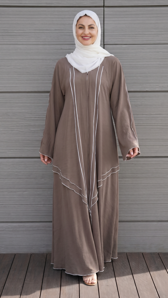 Bulk Modest Abaya with White Overlock Design on the Front and Sleeves in Brown