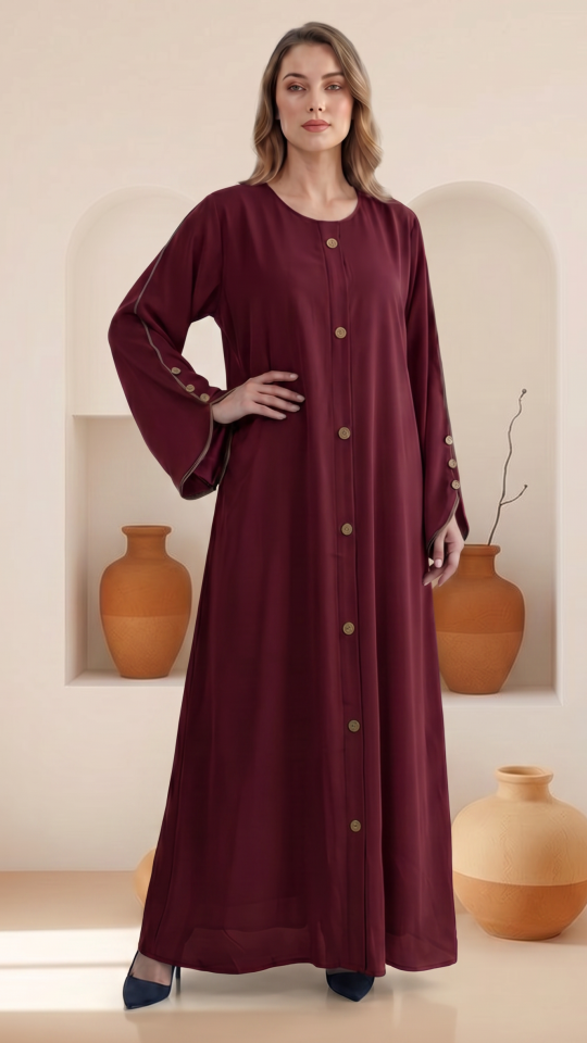 Wholesale Maroon CEY Abaya With Beige Piping And Show Buttons on the Front And Sleeves 