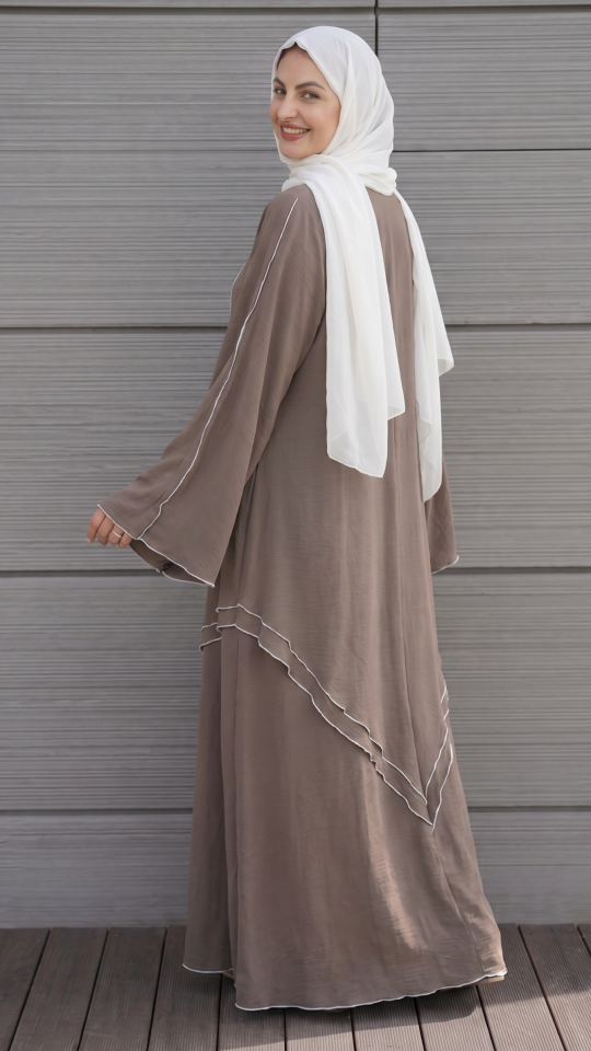 Bulk Modest Abaya with White Overlock Design on the Front and Sleeves in Brown