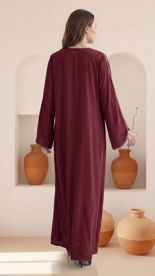 Wholesale Maroon CEY Abaya With Beige Piping And Show Buttons on the Front And Sleeves 