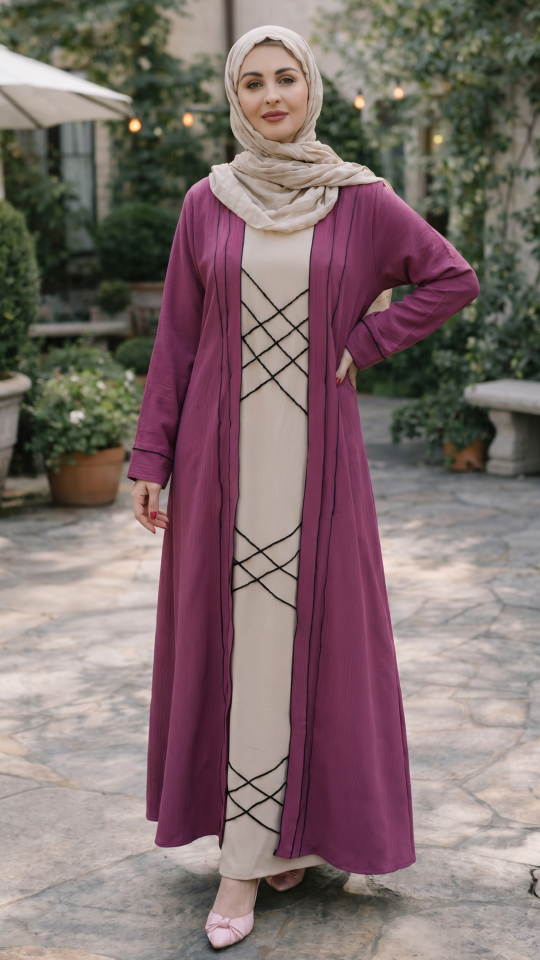 CEY Modest Dress with an Attached Shrug and Black Crystal Handwork on the Front