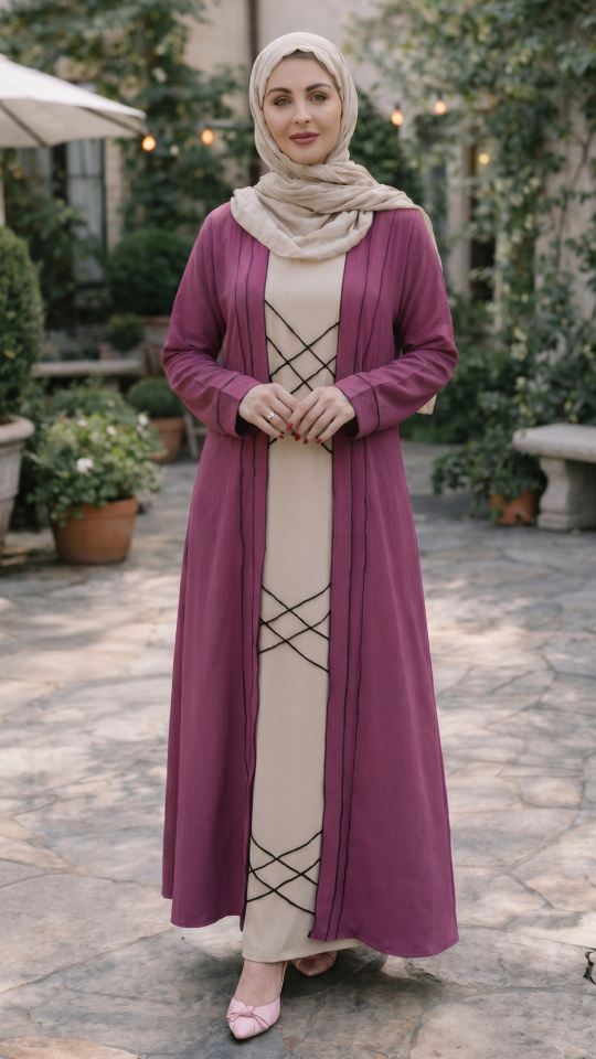 CEY Modest Dress with an Attached Shrug and Black Crystal Handwork on the Front