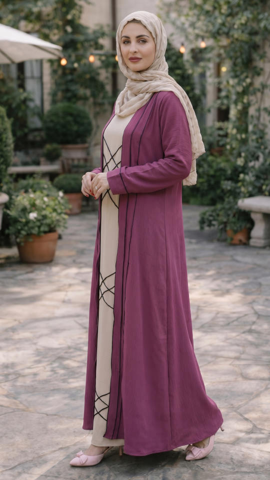 CEY Modest Dress with an Attached Shrug and Black Crystal Handwork on the Front