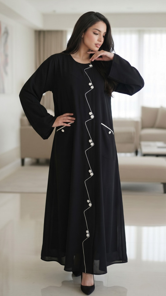 Abaya with Show Buttons and Piping on the Front and Two Side Pockets 