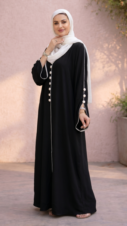 Modest Abaya with White Piping and Show Buttons on the Front and Sleeves In Black