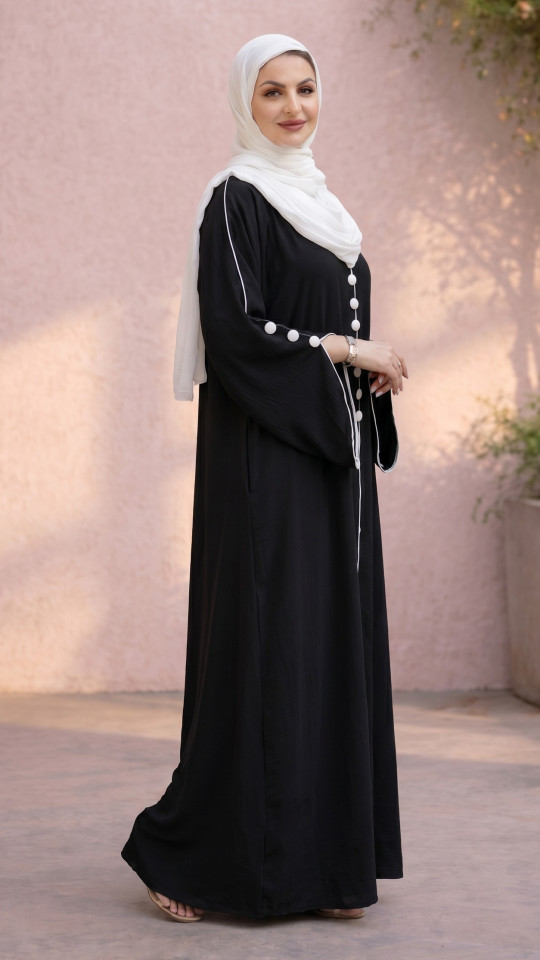 Modest Abaya with White Piping and Show Buttons on the Front and Sleeves In Black